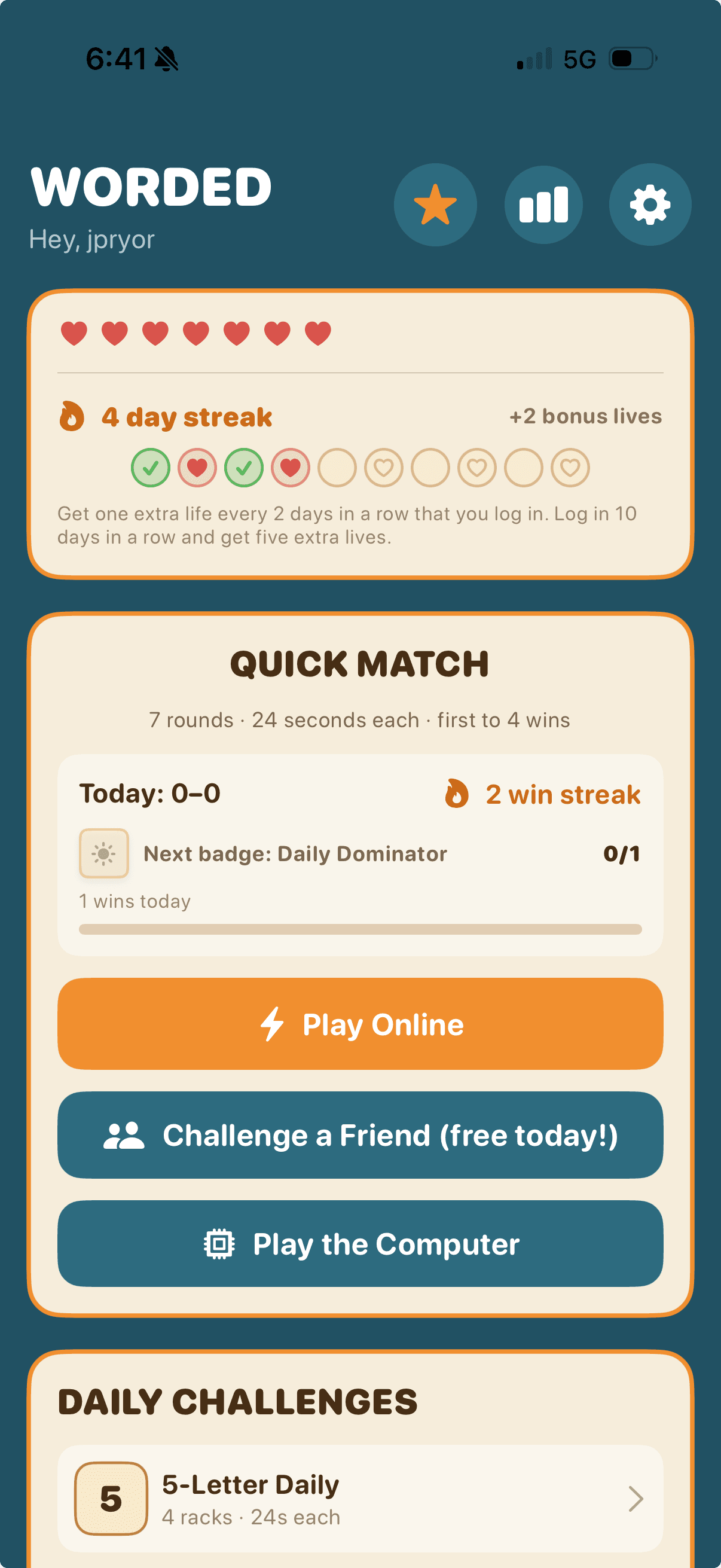 Worded home screen showing Quick Match and Daily Challenges